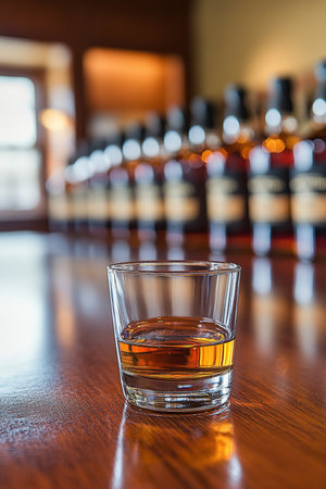Amber Beverage in Clear Glass on Polished Wood Bar Surface, Bottles and Light Reflection Backgroundの素材