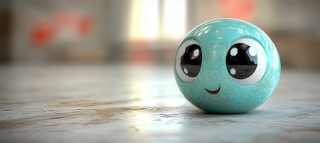 Cheerful teal emoji charm with big eyes and playful expression, standing indoors on vibrant flooringの素材