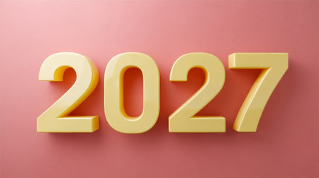 Vibrant three-dimensional yellow numerals reading 2027 on a bright coral background, future vision.の素材