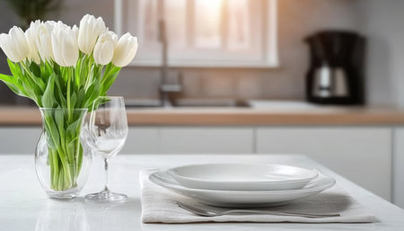 Chic Spring Dining Table Decor with Fresh White Tulips and Modern Clean Place Setting Arrangementの素材