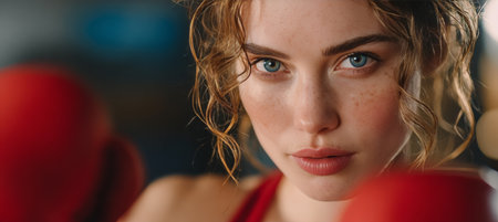 Determined Woman Ready for Sparring Looks At the Camera With Red Boxing Equipment In Fitness Gymの素材