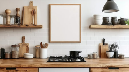 Bright Contemporary Kitchen Interior with Rustic Wooden Counter, Shelves, and Empty Picture Frameの素材