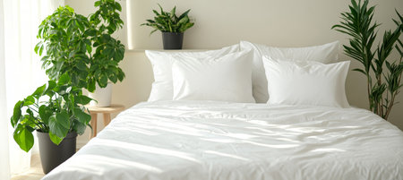 Serene Bedroom with Fresh White Linen, Natural Light, and Minimalist Decor for Relaxationの素材