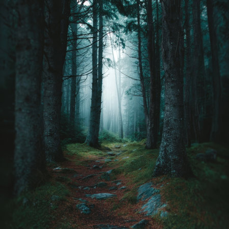 A Mysterious Woodland Scene Featuring Towering Trees and Lush Greenery, Perfect for Nature Loversの素材