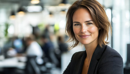 Confident Smiling Young Woman in a Stylish Suit Jacket Working in a Bright Modern Office Spaceの素材