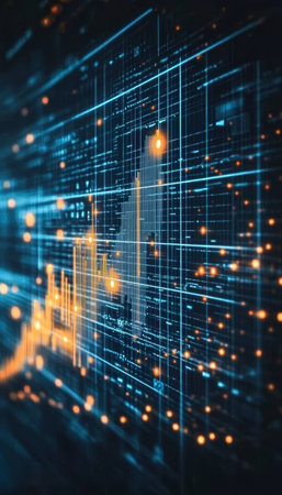 Futuristic Data Analysis Visualization on a Complex Grid with Interconnected Electronic Networksの素材
