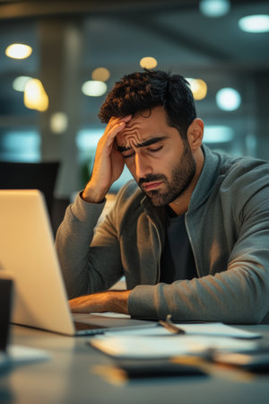 Frustrated Young Professional Man Working on Laptop in Modern Office with Bokeh Background Effectsの素材