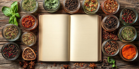 Vegan Cookbook Preparation with Overhead Spices and Food on Rustic Background for Creative Recipesの素材