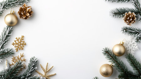 Elegant Golden Christmas Ornaments with Snowy Pine Branches on White Surface for Holiday Decorの素材