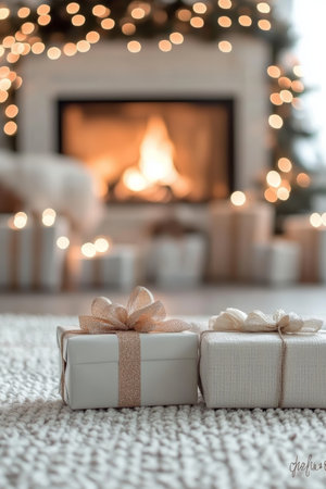 Enchanting Cozy Christmas Moments Family Gathered by the Fireplace, Warm Lights, and Wrapped Giftsの素材