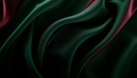 Elegant Flowing Silken Fabric in Rich Emerald Green and Dark Maroon with Abstract Patterns Closeupの素材