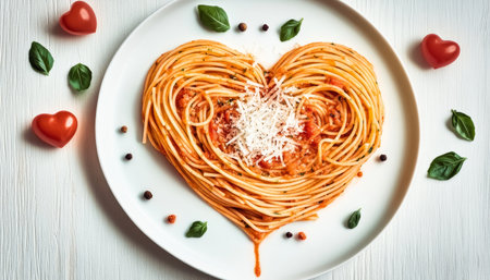 Heart Shaped Spaghetti with Fresh Basil and Cherry Tomatoes for a Romantic Valentine s Dinnerの素材