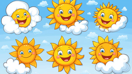 Whimsical Sunshine A Bright Sky with Happy Suns, Fluffy Clouds, and Joyful Weather Graphics Artの素材