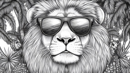 Charming Lion Portrait with Sunglasses, Relaxing in the Wild Under a Lush Canopy of Nature s Beautyの素材
