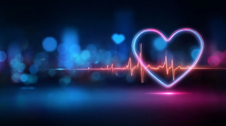 Hearty Pulse Signal Glowing in Neon with Vital Lines Over Gradient Illuminated Abstract Backgroundの素材