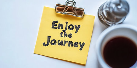 Inspirational Sticky Note on a Cafe Table Encouraging Enjoyment of the Journey in Life and Workの素材