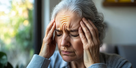 Senior Woman Experiencing Severe Headache Pain and Stress at Home, Reflecting on Aging and Sadnessの素材