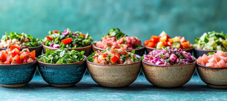 Selection of Fresh Salads in Colorful Bowls Featuring Chopped Ingredients like Tomatoes and Parsleyの素材