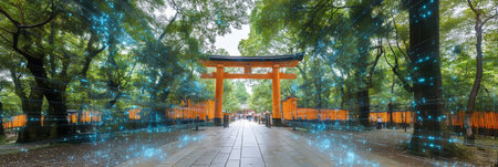Futuristic Blue Dotted Line Design Enhancing the Ancient Kyoto Fushimi Inari Shrine Pathway Journeyの素材