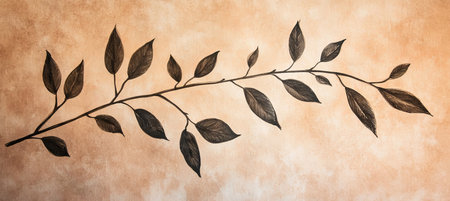 Elegant Romantic Decorative Design Featuring Brown Leaf Branch on Blush Cream Watercolor Backgroundの素材