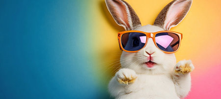 Cute white bunny rabbit wearing orange sunglasses smiles joyfully on a colorful festive background.の素材