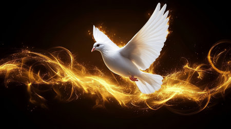 White Dove in Flight, Radiating Fire and Freedom, A Strong Symbol of Peace and Transformationの素材