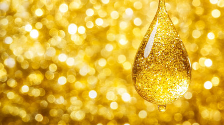 Golden Droplet of Luxury Essence Suspended in Shimmering Light on an Elegant Abstract Backgroundの素材