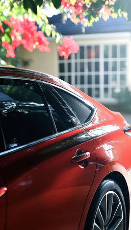 Red Sedan with Luxurious Design Featuring Advanced Window Protective Film for Driving Comfortの素材