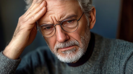 Elderly Man Experiencing Severe Headache While Sitting at Home, Displaying Clear Discomfort and Painの素材