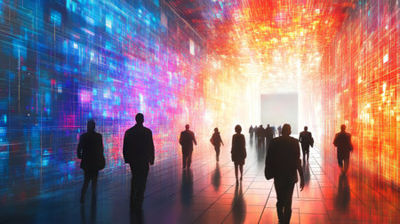 A diverse group explores a futuristic digital corridor filled with vibrant abstract designs.の素材