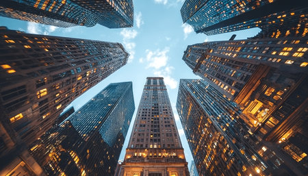 Stunning Skyscrapers Touching the Sky A Captivating Urban Landscape at Golden Hour Perspectiveの素材