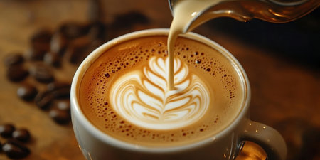 Beautiful Latte Art Heart Being Poured into a Frothy Cappuccino in a Cozy Coffee Shop Settingの素材