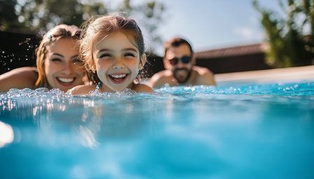 Joyful summer vacation moments with a happy family splashing and swimming in a sun-kissed pool.の素材