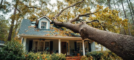 Severe Weather Aftermath Damaged Home and Fallen Tree Following Windstorm Disaster Assessmentの素材