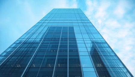 A Modern Glass Skyscraper Reaches for the Sky Against a Clear Blue Background on a Sunny Dayの素材