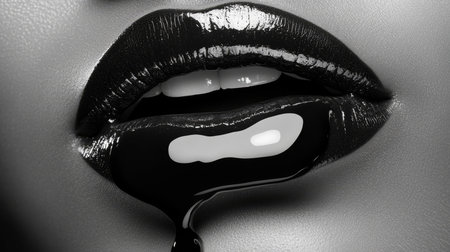 Close Up of Stunning Glossy Black Lips with Shiny Droplets, Artistic Beauty Expression Shotの素材