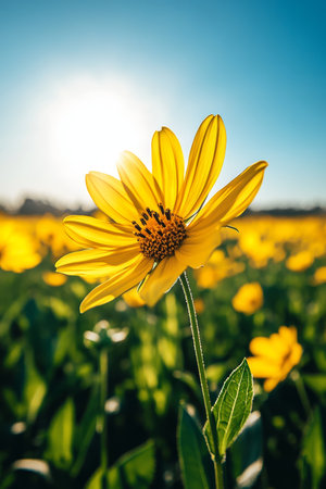 Vibrant Yellow Wildflowers in a Sunlit Meadow Under a Clear Blue Sky, Capturing Summer s Beautyの素材