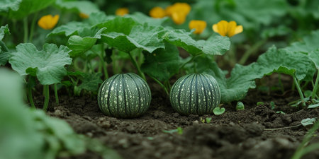 Fresh green zucchini growing in an organic vegetable garden, showcasing healthy outdoor produce.の素材