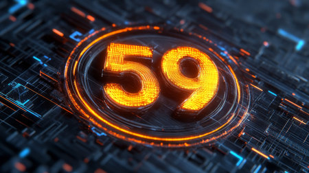 Stunning 3D Visualization of Number Fifty-Nine Glowing in a Circle on High-Tech Abstract Backgroundの素材