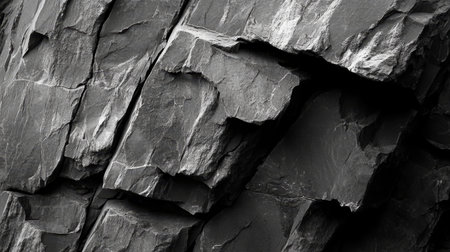Abstract Formation of a Fractured Rock Face with Rough Edges and Stark Textures in Black and Greyの素材