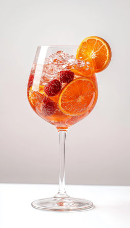 Refreshing Ros Sangria Cocktail in Elegant Wine Glass with Fresh Fruits and Floral Accentsの素材