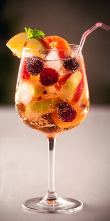 Refreshing Ros Sangria Mix with Fresh Fruits in a Beautiful Glass of Wine for Summer Gatheringsの素材