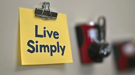 Yellow Adhesion Text on Monochromatic Wallpaper, Inspiring a Simple and Thoughtful Lifestyle Messageの素材