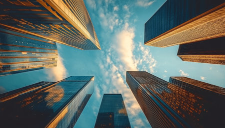 Stunning Urban Skyline at Dusk Showcasing Towering Skyscrapers and Vibrant City Life Reflectionsの素材