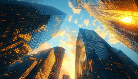 Golden Hour Urban Skyline with Architectural Skyscrapers Reflecting Sunlight in City Atmosphereの素材