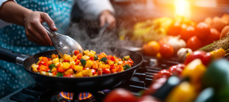 Chef stirs a colorful medley of fresh vegetables in a skillet, showcasing culinary skills.の素材