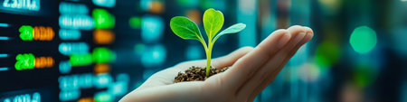 Nurturing Hands Supporting Young Plant Symbolizing Growth and Hope in Financial Market Landscapeの素材