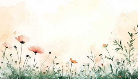 Beige Toned Watercolor Painting of a Subtle Minimalist Meadow at Dawn, Nature Art in Soft Pastelsの素材