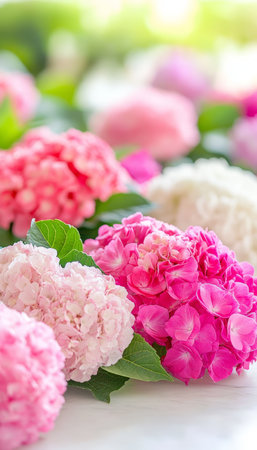 Pastel Hydrangeas Layered in a Soft Focus Garden Setting Creating a Tranquil Floral Sceneの素材