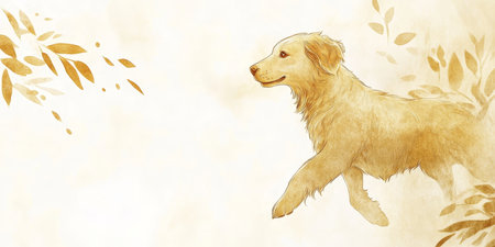 Golden Retriever Enjoys a Serene Autumn Walk Through a Vibrant Watercolor Landscape with Flowersの素材